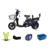 Winner sky electric grocery bike in blue with front basket, safety gear, helmet, and blue storage bag
